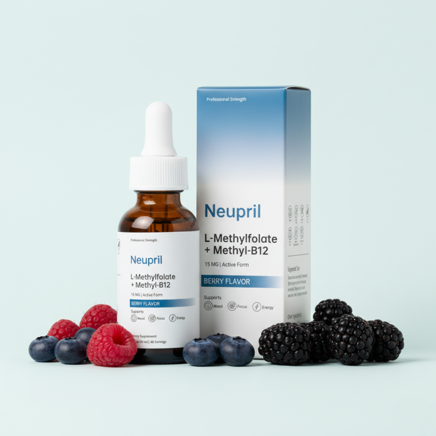 Neupril bottle and packaging with berries